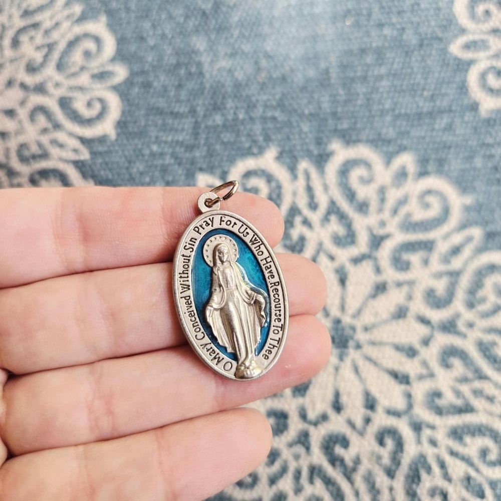 Vintage Silver & Blue Miraculous Medal Virgin Mary Pendant